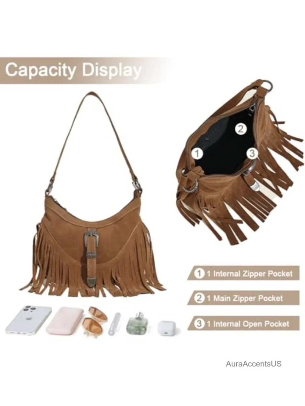 Western Fringe Hobo Crossbody Bag with Tassel Faux Suede Shoulder Purse